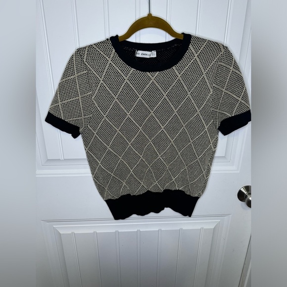 Zara Jumper Sparkle Gold Argyle Round Neck Pullover Sweater - Picture 2 of 6